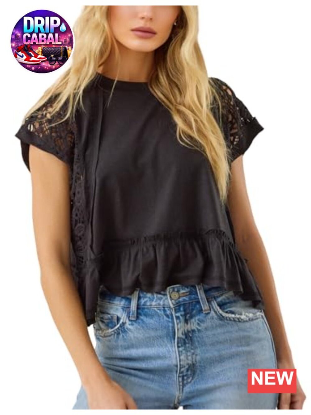 Crochet Lace Peplum Cap Sleeve Blouse - Openwork Side Panels, Ruffle Hem,